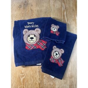Vintage Christmas Bath Towel Set 3 Teddy Bear Tartan Plaid Beary Warm Wishes Blu